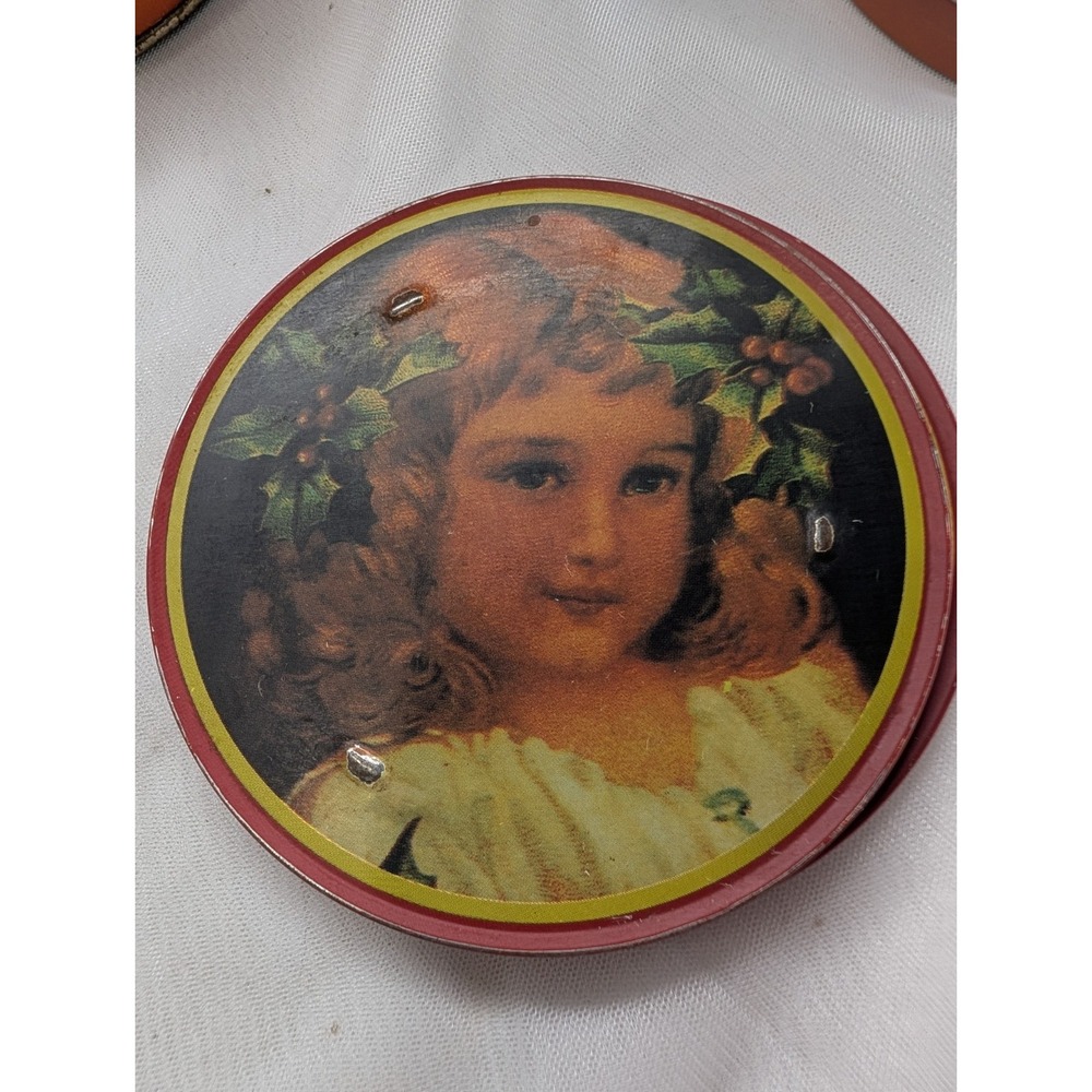 Vintage Round Metal & Cork-Backed Coaster Set, 6pc Portrait Design w/ Tin - Picture 9 of 11